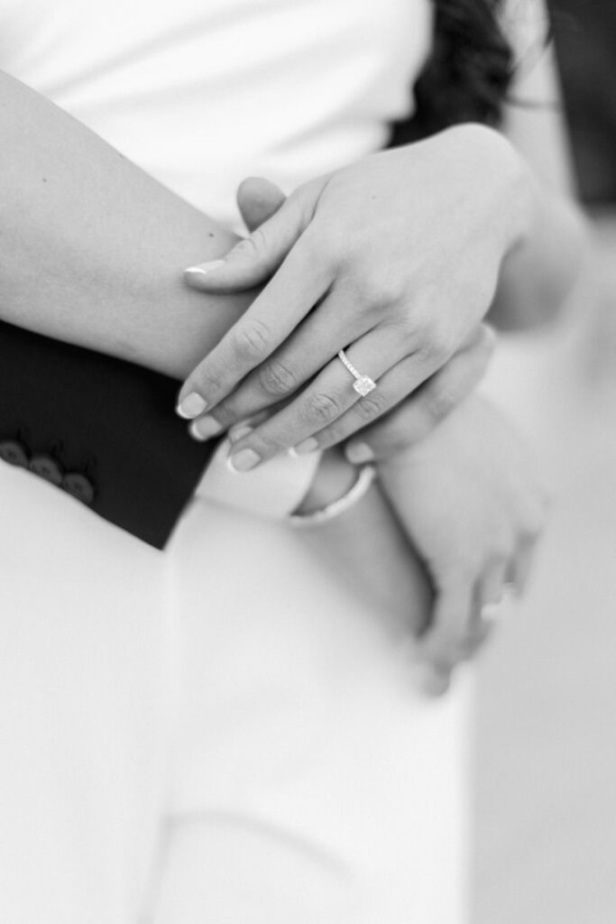 detail shot of a woman's engagement ring taken during their engagement photoshoot in Montreal