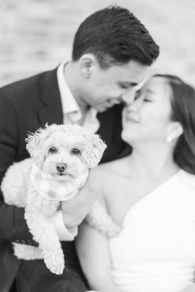 black and white photo of an engaged couple and their adorable dog taken by their engagement photographer in Montreal